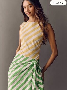 Anthropologie Yellow, White & Green Striped Midi Dress